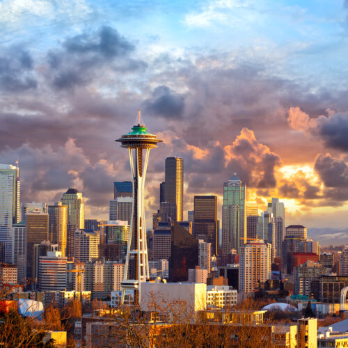 Aerial view of Seattle with clouds